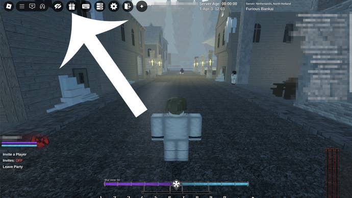 An arrow pointing at the codes button in the Roblox game Type Soul.