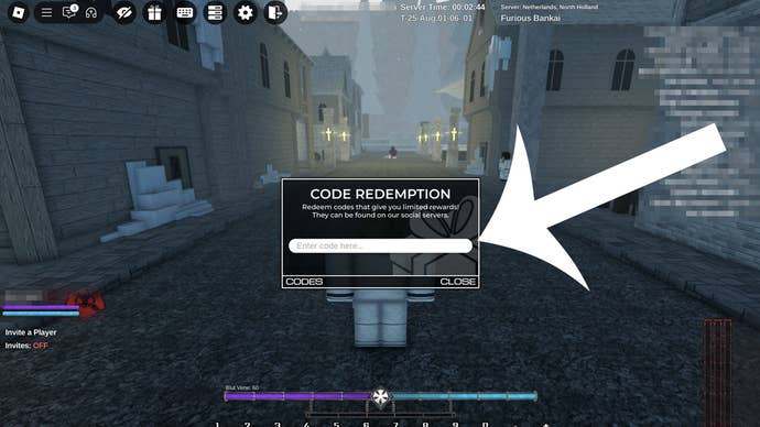 An arrow pointing at the codes menu in the Roblox game Type Soul.