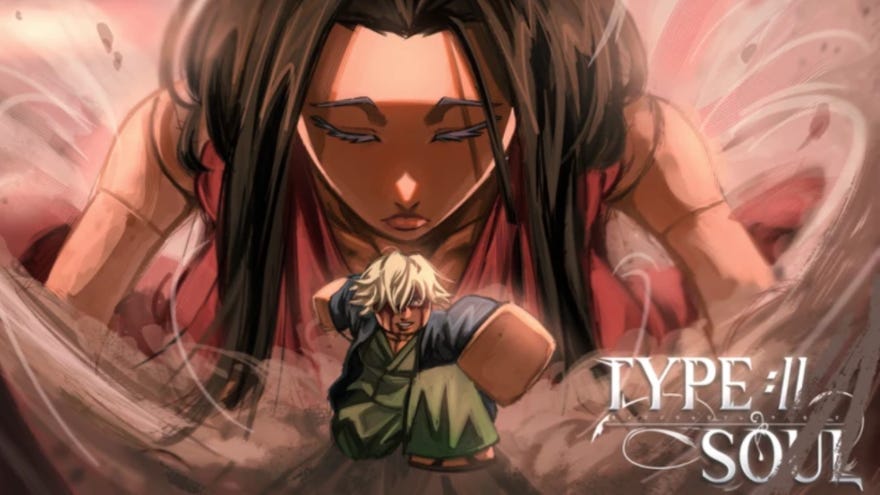Promotional art for the Roblox game Type Soul, featuring a Roblox character preparing to fight in the foreground while a woman looks down upon the character in the background.
