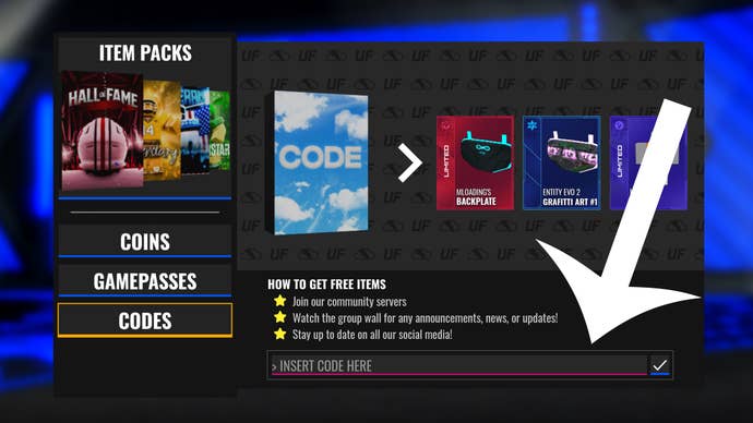 Arrow pointing at the codes menu in Ultimate Football.