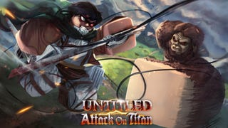 Artwork for Untitled Attack on Titan showing Roblox versions of two characters from the popular anime midway through a fierce battle.