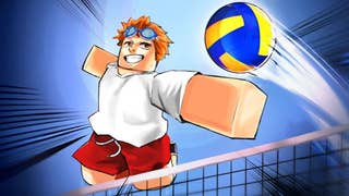 Artwork for the Roblox game Volleyball Legends, showing a Robloxified, anime-inspired character jumping to hit a volleyball in the air.