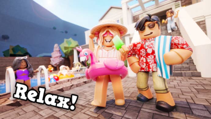 A pair of Roblox characters in beachwear pose by a poolside, looking happy. The caption reads “Relax”!