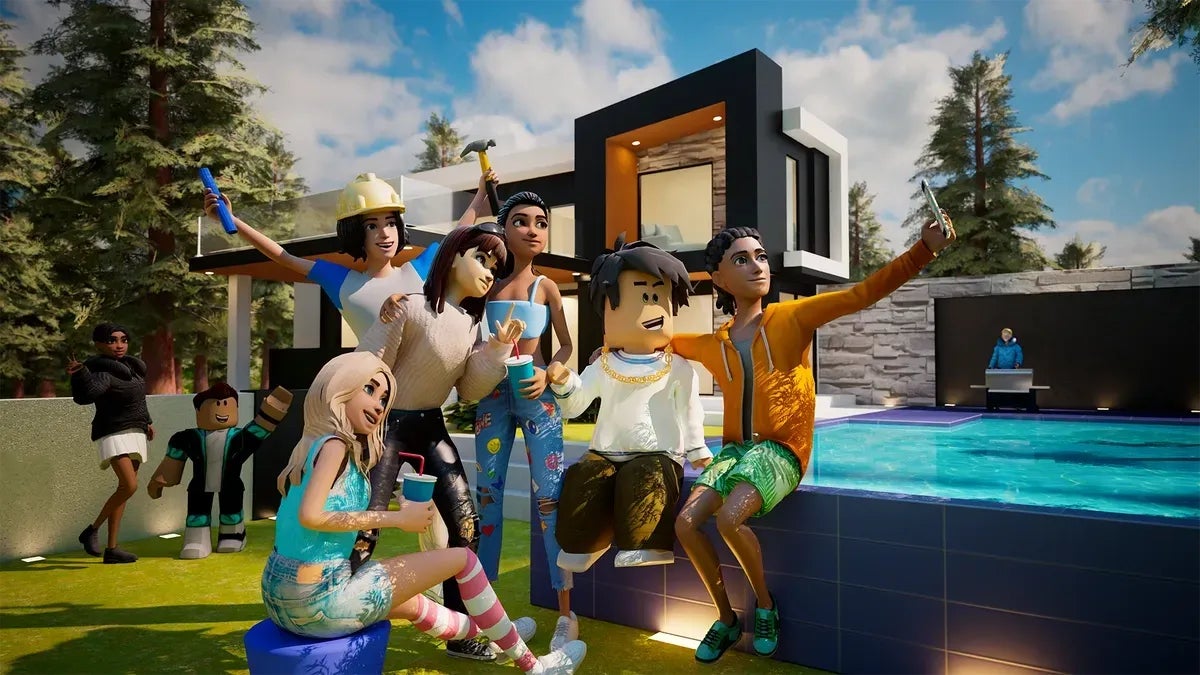 A diverse group of stylized characters in Roblox pose for a selfie in the sunny backyard of a modern mansion with a swimming pool, some holding drinks and construction tools.