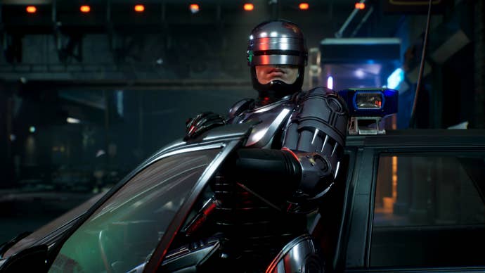 RoboCop: Rogue City official screenshot showing RoboCop getting out of a car.