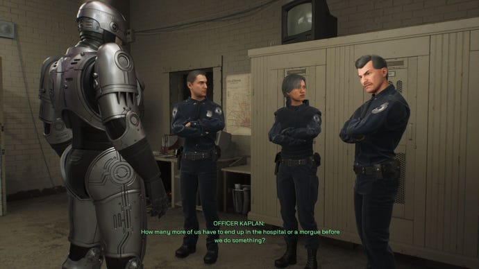 RoboCop chats to three other cops in RoboCop: Rogue City.