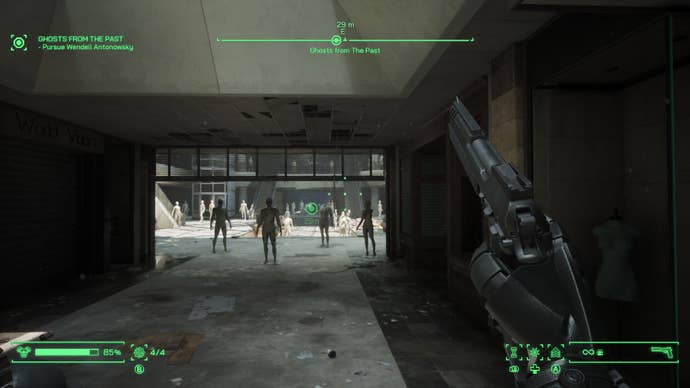 RoboCop is confronted by spooky mannequins in RoboCop: Rogue City, and readies his pistol.