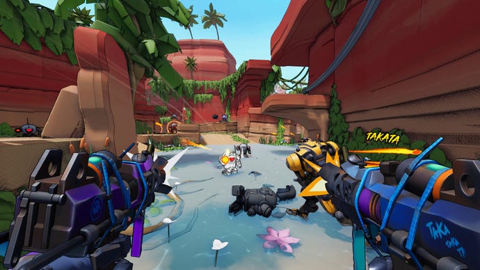 Shooting robots in a Roboquest screenshot.