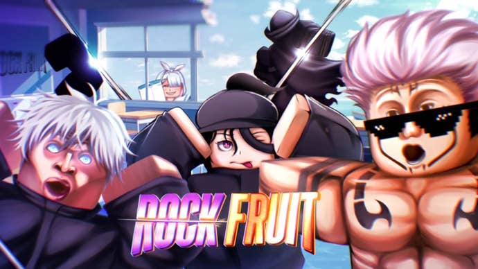 Artwork for the Roblox game Rock Fruit, showing some anime-inspired Robloxified characters.