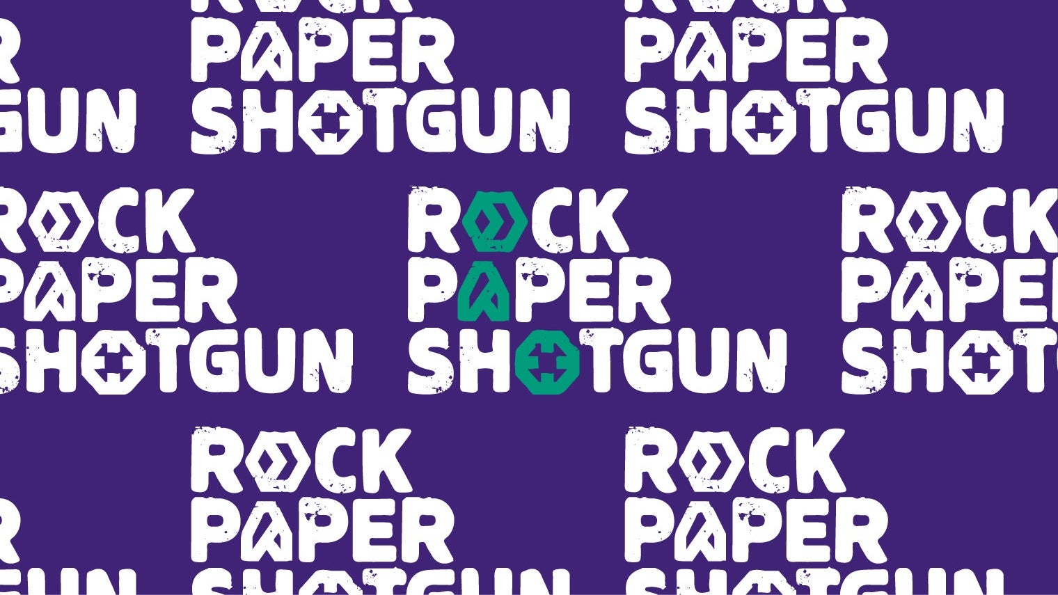 The Rock Paper Shotgun logo repeated multiple times on a purple background - 1