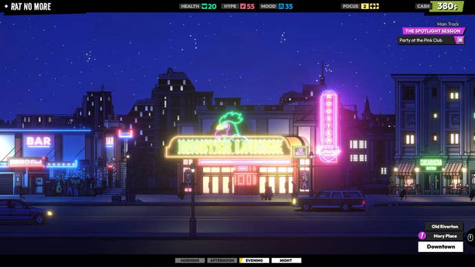 Rockbeasts screenshot; a side-on view of a neon-drenched street, with a UI dedicated to helping you learn about your 90s rock band.