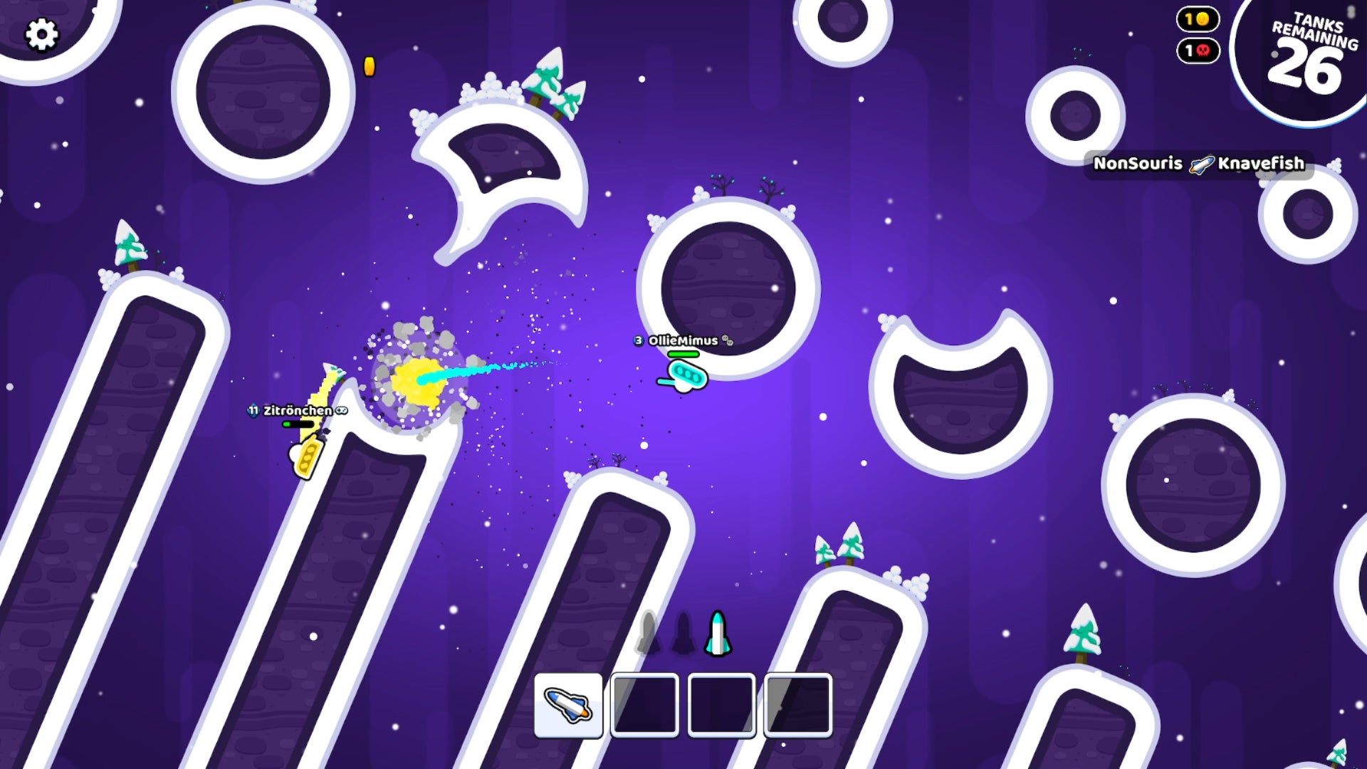 The player in Rocket Bot Royale shoots at a nearby enemy tank, blasting a whole in the nearby terrain.