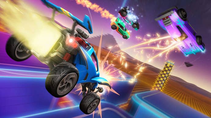 A promo image for Rocket League’s time-limited Knockout Bash game mode, which is like battle royale with cars.