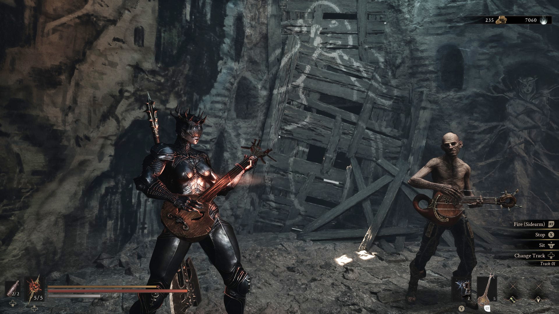 Proxima rocks a sick lute in Mortal Shell 2's One Legged Wolf tavern aside a fellow lutist.