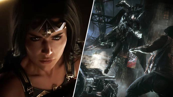 Wonder Woman in the Wonder Woman game alongside Batman jumping at a baddie in Batman: Arkham Knight.