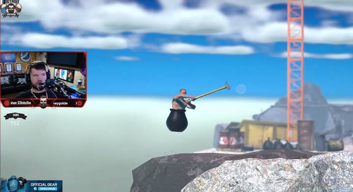 Image from a YouTube video of RockyNoHands beating Getting Over It with a Quadstick. The main screen shows a man in a jar with a sledgehammer bouncing up a hill. An inset view shows a camera image of RockyNoHands using a Quadstick to control the game