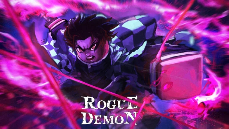 Artwork for the Roblox game Rogue Demon showing an anime-inspired character surrounded by a powerful purple glow.