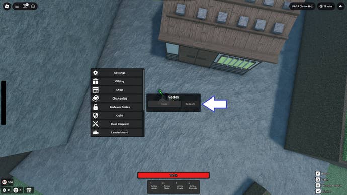 A screenshot of Rogue Demon in Roblox showing the game's redeem code field.