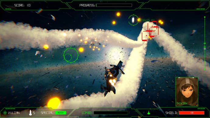 A spaceship rushes between rocket trails in Rogue Flight.