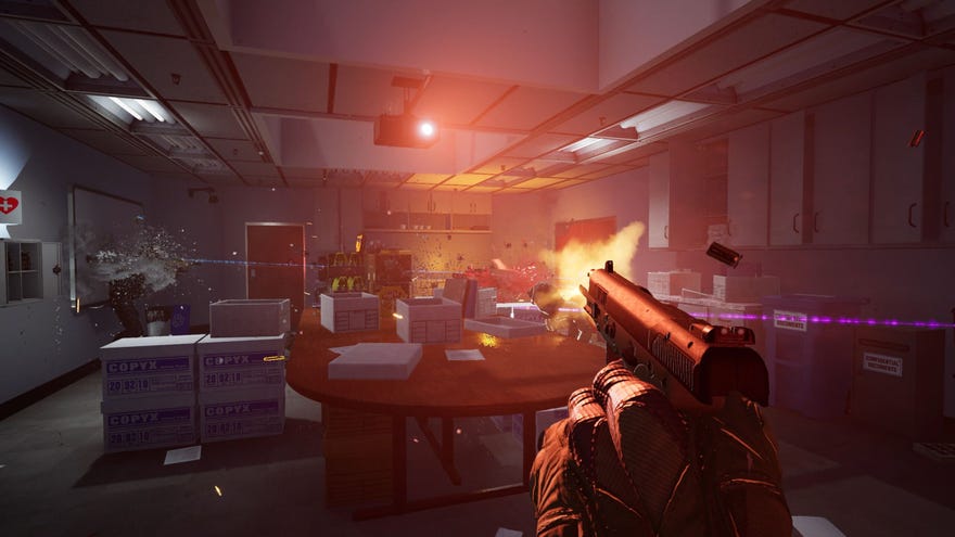 The player fires a pistol at an enemy mercenary.
