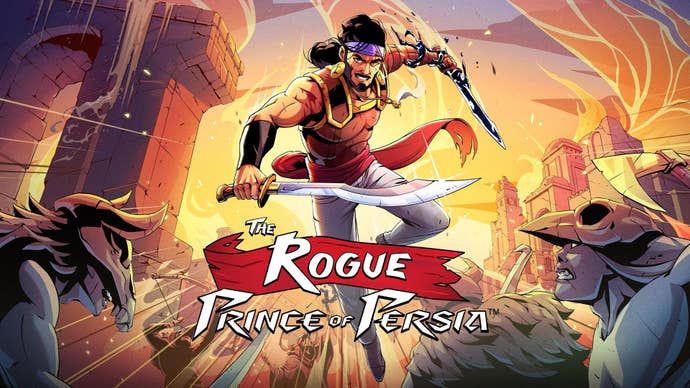 Key creation for The Rogue Prince of Persia, showing the Prince jumping astatine a radical of enemies with 2 swords successful his hands. Notably, his tegument is not purple.