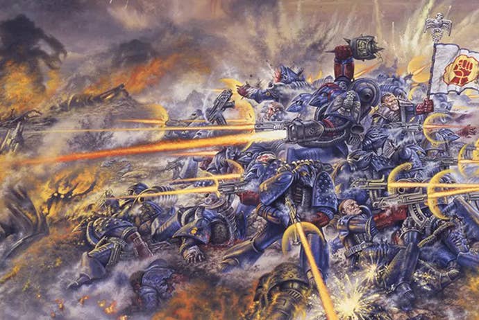 The original cover art for the Warhammer 40,000: Rogue Trader rulebook, showing a hard beset squad of Ultramarines firing in all directions