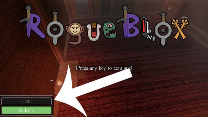An arrow pointing at the codes menu in the Roblox game Rogueblox.