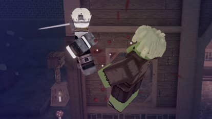 A goblin being attacked by an NPC in the Roblox RPG Rogueblox.
