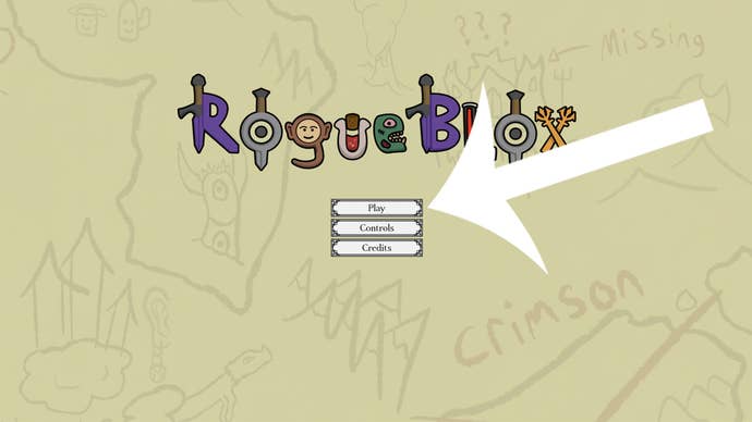 An arrow pointing at the 'Play' button on the main menu of the Roblox game Rogueblox.