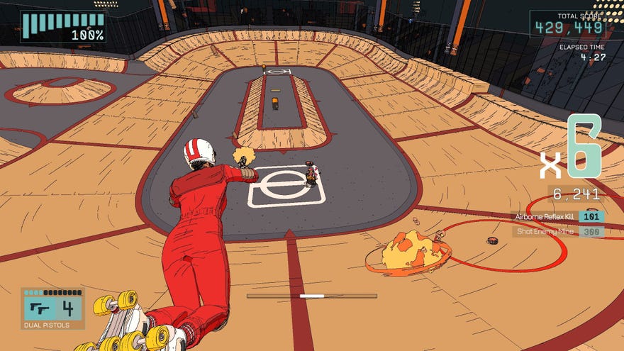 A woman in a red jump suit fires guns in midair while falling toward a skate park below in Rollerdrome