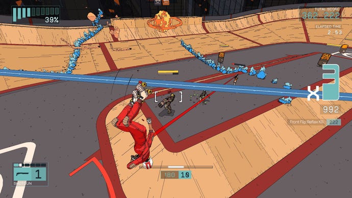 A woman in a red jump suit dodges a blue laser while firing in midair in Rollerdrome