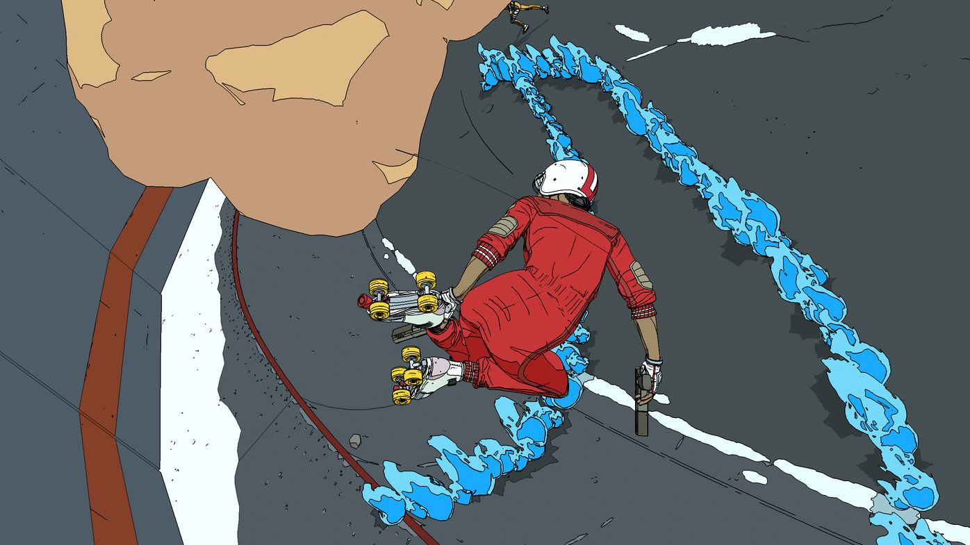 The player pulling of a sick move to dodge a bullet in Rollerdrome