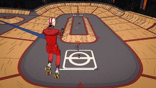 An all-in-one red-suited roller skater aims two guns down on a roller arena - while jumping through the air - in Rollerdrome.