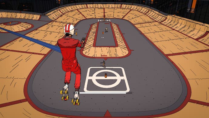 An all-in-one red-suited roller skater aims two guns down on a roller arena - while jumping through the air - in Rollerdrome.