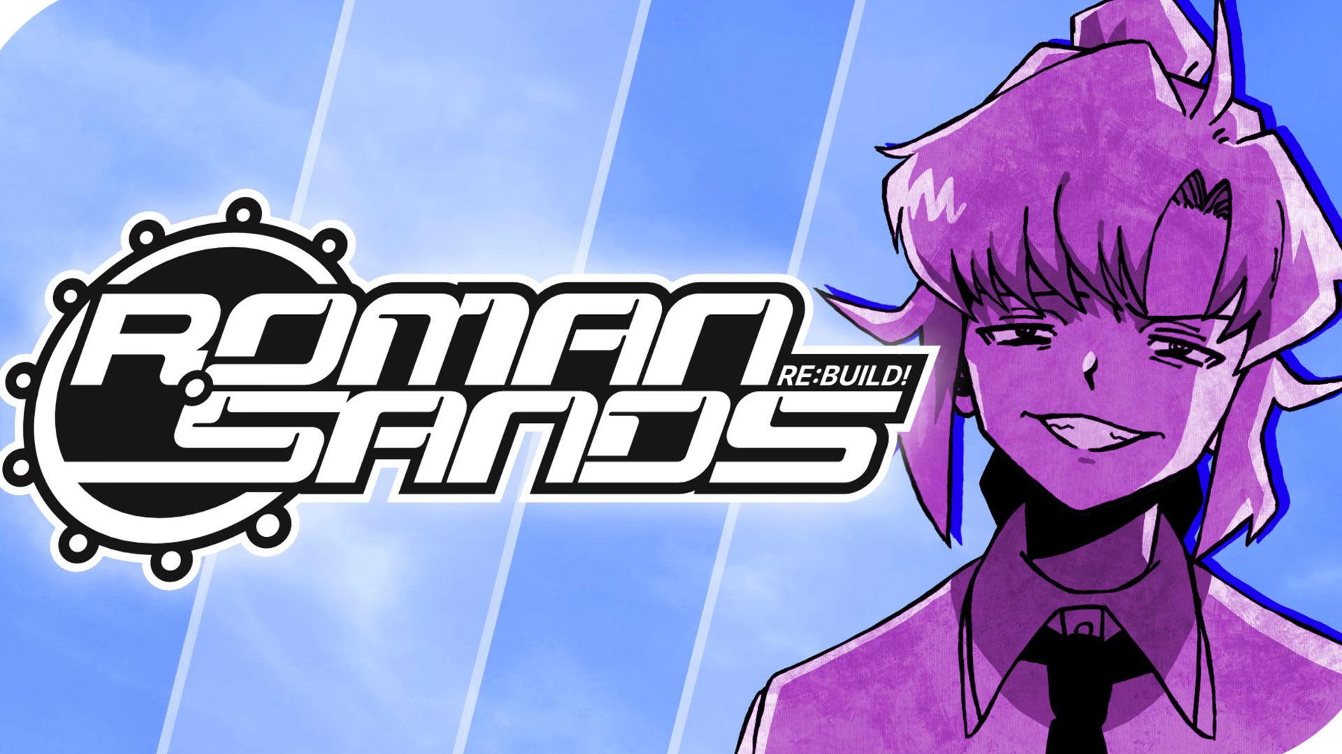 An anime woman wearing a button-up shirt and black time has a sly smirk on her face, the logo for Roman Sands RE:Build next to her. - 1