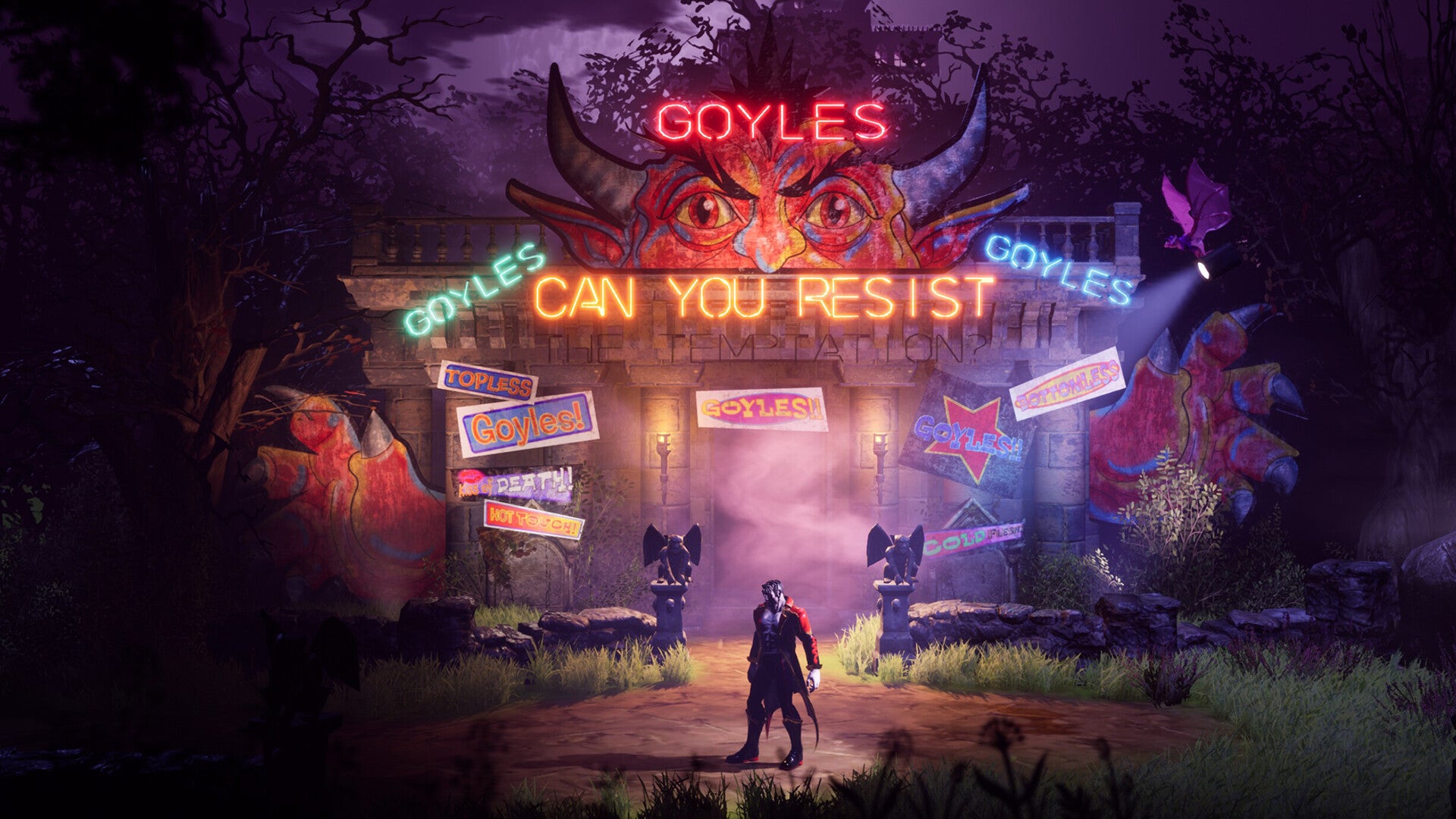 Drac (male version) stands outside of the neon-lit Gargoyles club. - 1