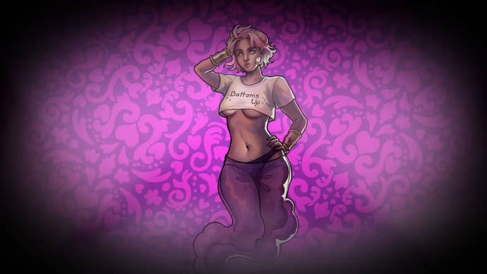 Character art for the dateable option Vess in Romancelvania. She’s purple-haired genie in a revealing cut-off t-shirt and with legs that disappear into a wisp of smoke.