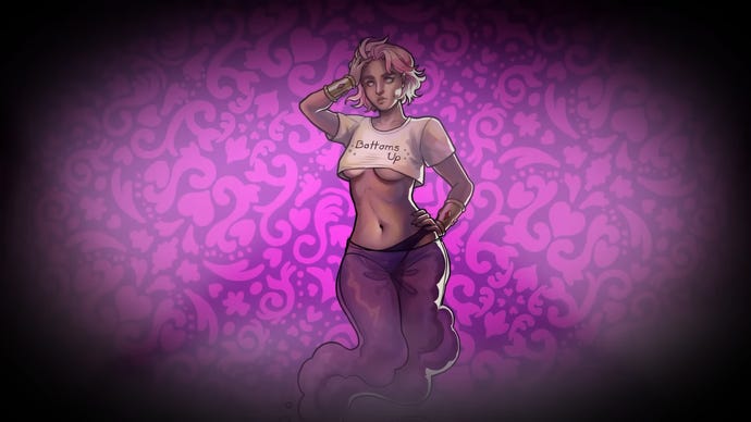 Character art for the dateable option Vess in Romancelvania. She’s purple-haired genie in a revealing cut-off t-shirt and with legs that disappear into a wisp of smoke.