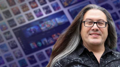 John Romero in glasses with long hair superimposed over collage of games