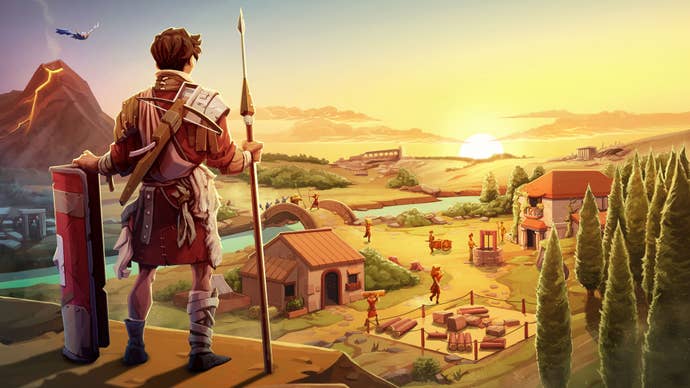An ancient Roman soldier stands holding a shield and spear overlooking a village in key art for Romestead.