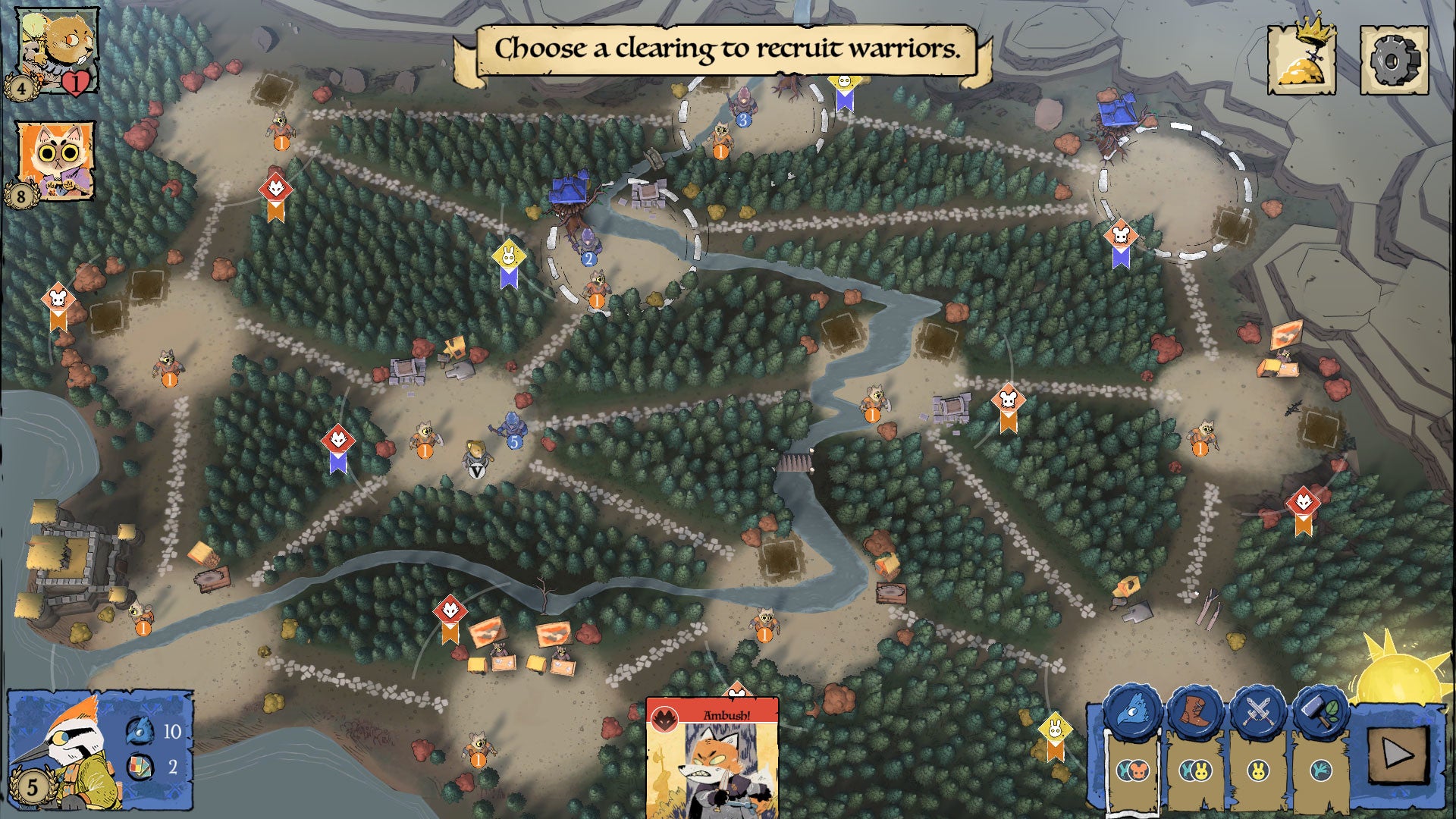 A screenshot of the woodland map in Root, with a network of clearings where the player can recruit warriors - 22