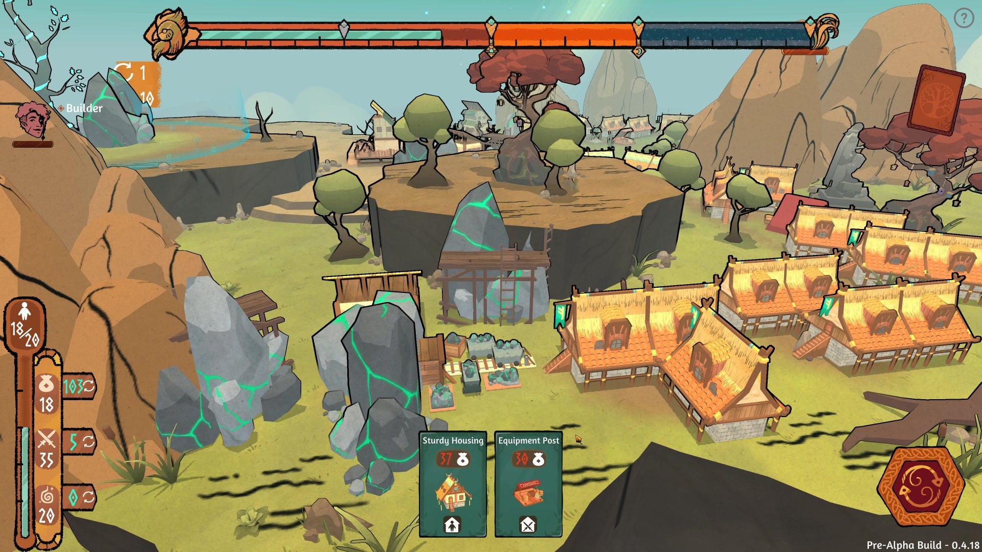 Viking homes are scattered around a grassy plain next to an ore mine in Roots Of Yggdrasil - 7