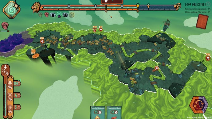 A purple cloud appears on the far right of a floating land mass surrounded by green water in Roots Of Yggdrasil