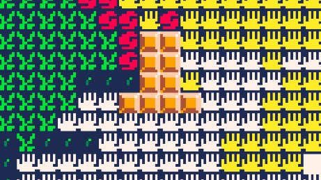 A elemental yellow, white, reddish and green-coloured 2D strategy crippled with tiles marked rock, paper, scissors.