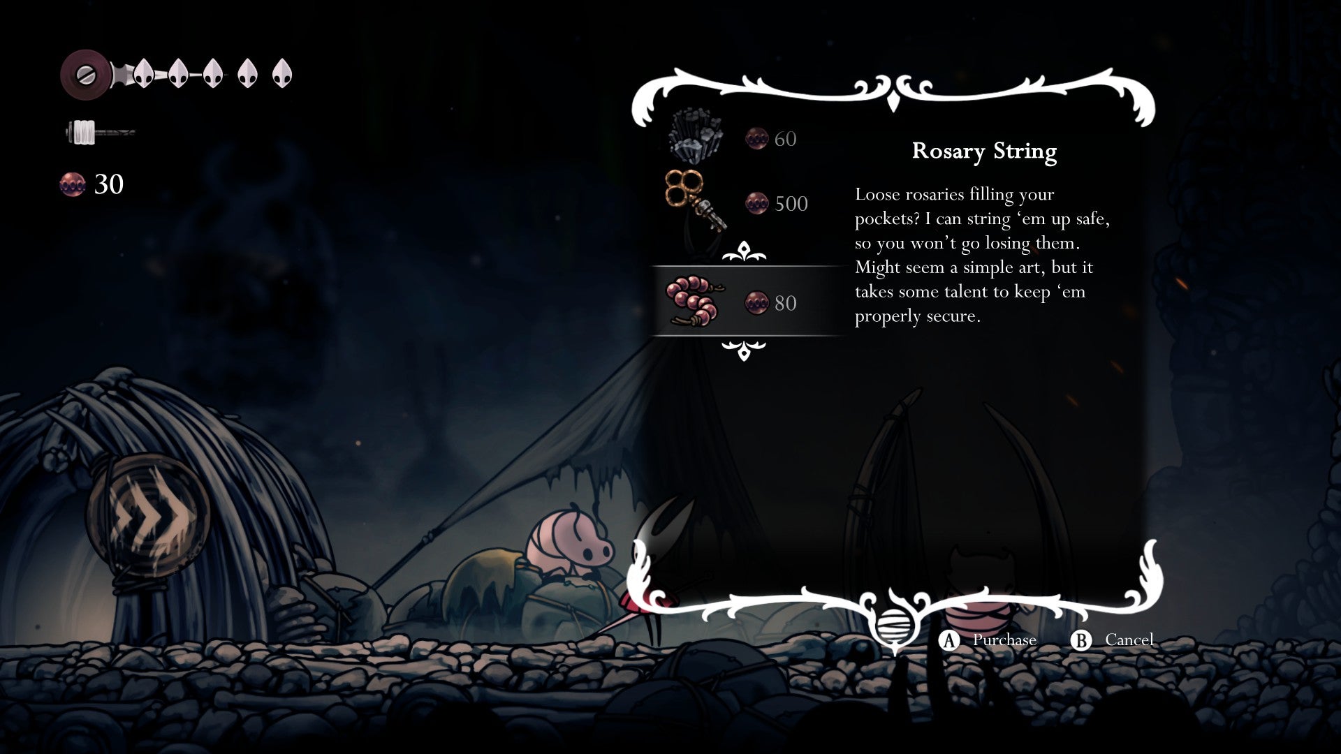 A description for a Rosary String in Hollow Knight: Silksong. This item lets the player keep all of their Rosary Beads even after death. - 10