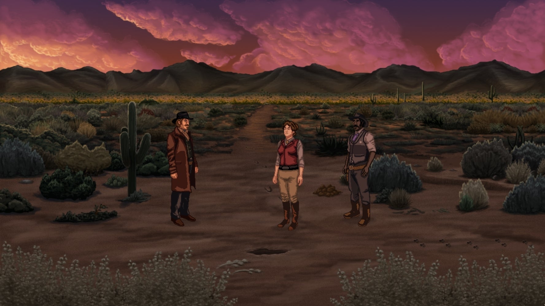 Three characters stand on dusty ground surrounded by bushes in Rosewater. - 1
