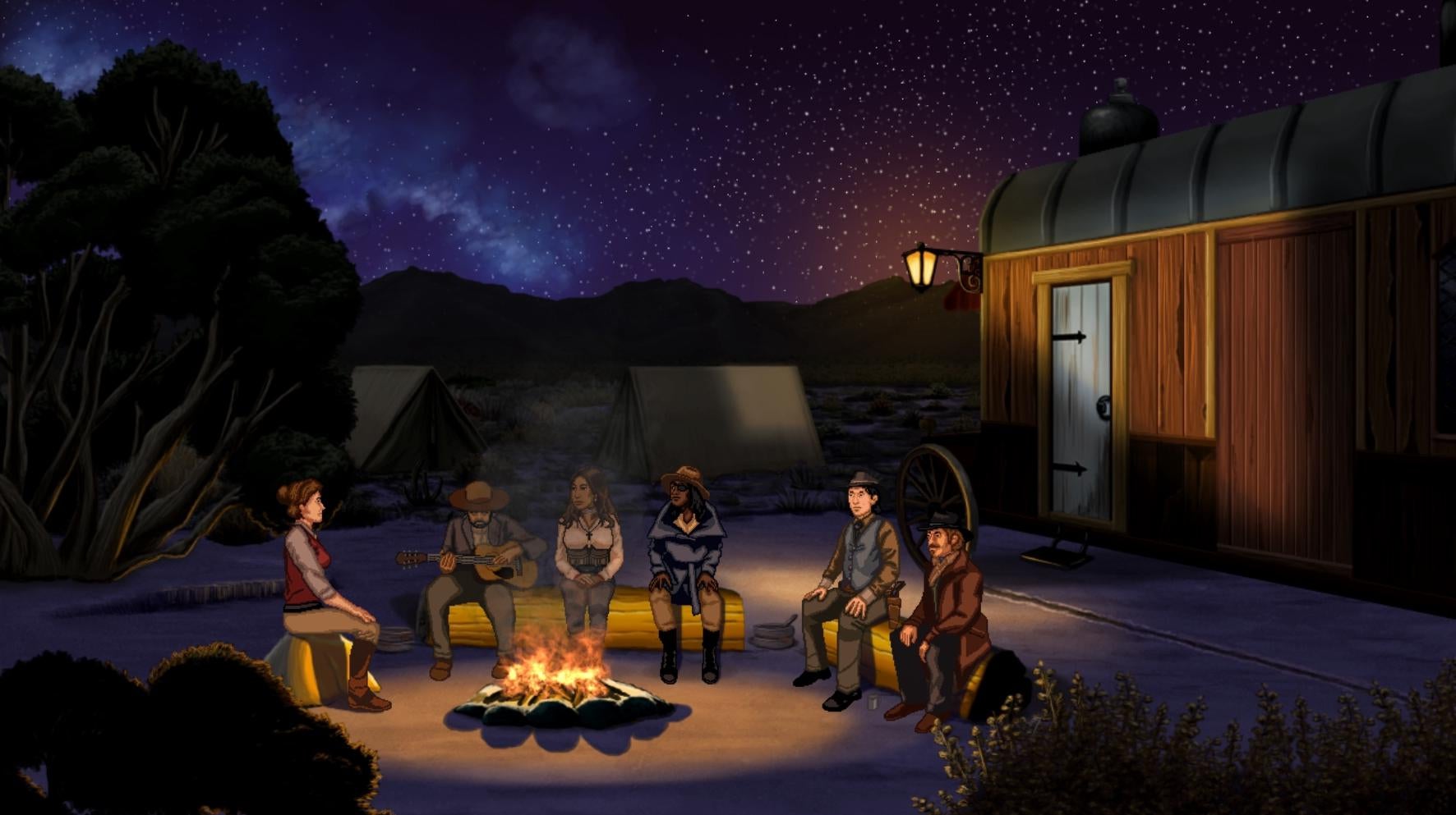 Characters huddle around a campfire in Rosewater. - 2