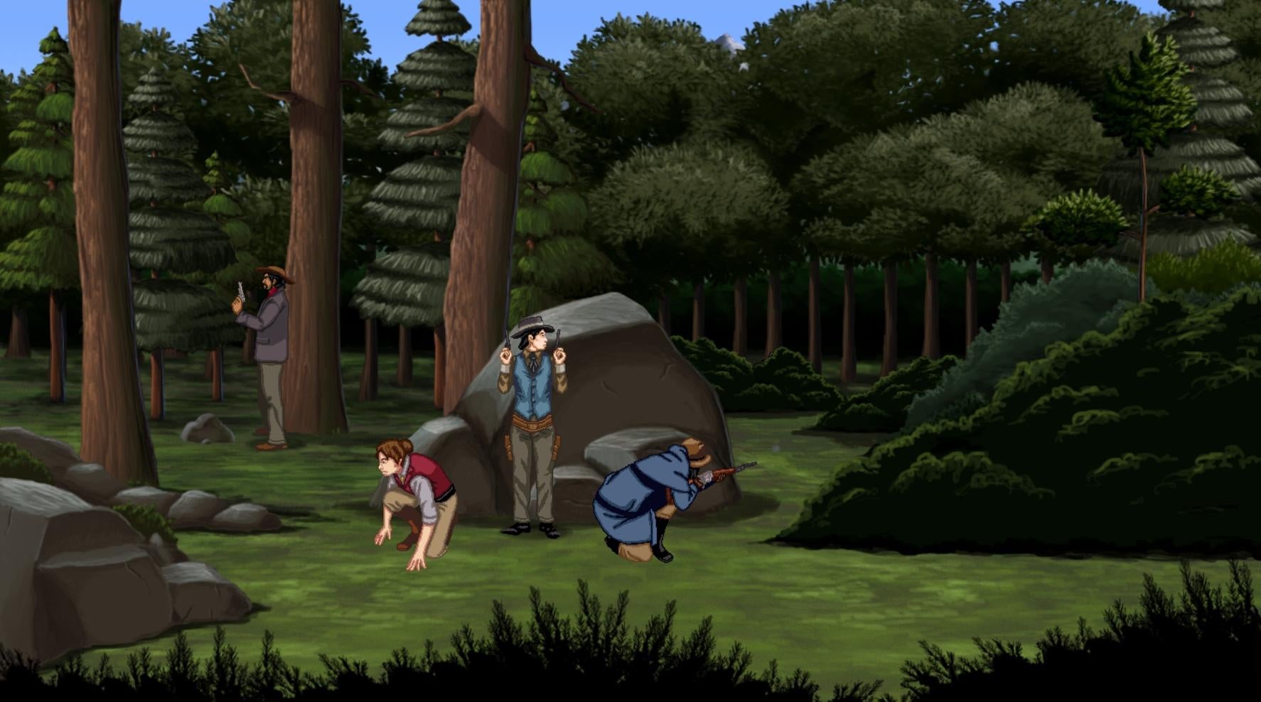 Characters, weapons drawn, take cover behind a tree and a boulder in Rosewater. - 3