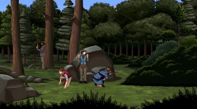 Characters, weapons drawn, instrumentality screen down a histrion and a boulder successful Rosewater.