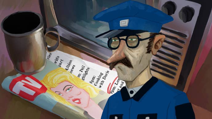 In-game artwork from The Rise of the Golden Idol showing a TV guide and mug next to a 70s-style television. A grouchy, grey-skinned policeman in the same art style is superimposed on top.
